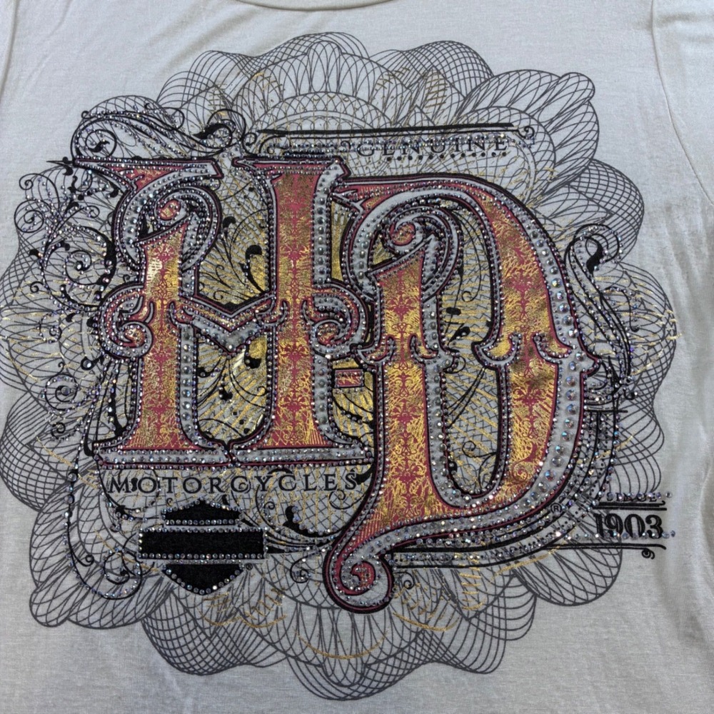 Harley-Davidson Womens Bedazzled Graphic T-Shirt Ivory Rayon M VTG - Picture 2 of 8